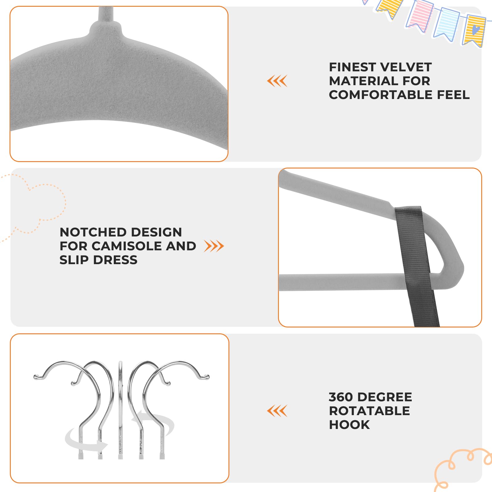 Babyrish Perchas de Terciopelo para bebé con Clips de 28 cm, ultrafinas, Fieltro Antideslizante, Organizador de Ahorro de Espacio para habitación Infantil y niños pequeños, Color Gris, 30 Unidades