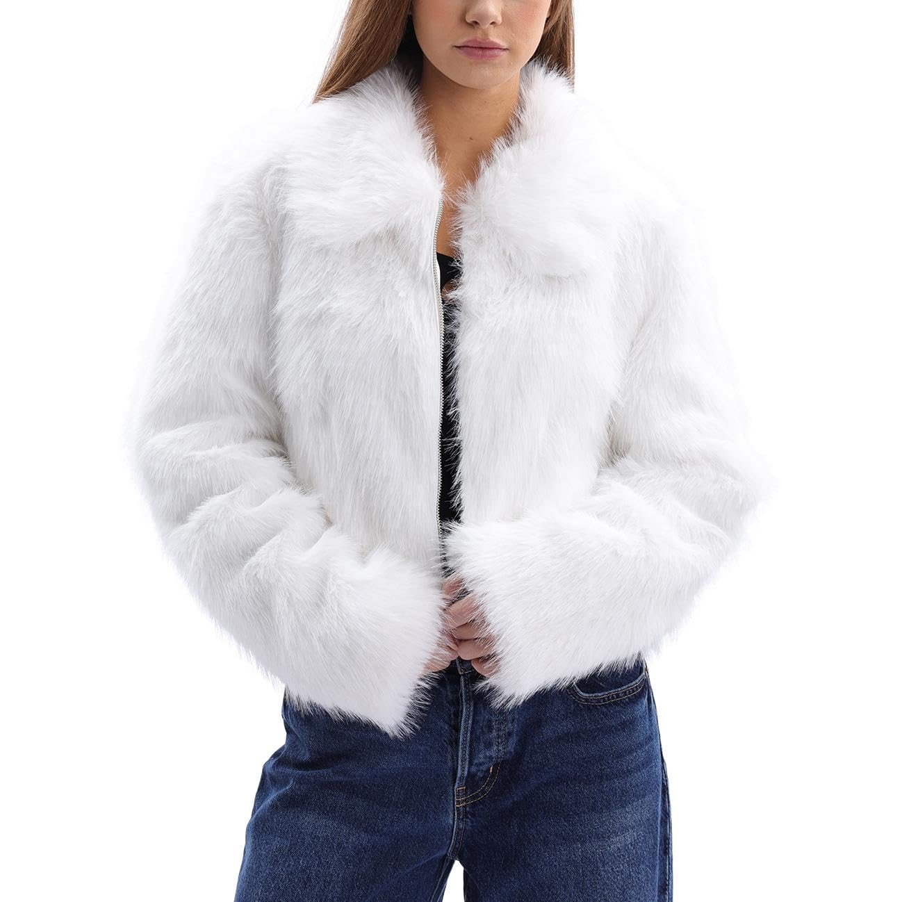 Amazhiyu Pelzmantel Damen Felljacke Kunstfell Jacke Kurz Mit Zipper Pocket