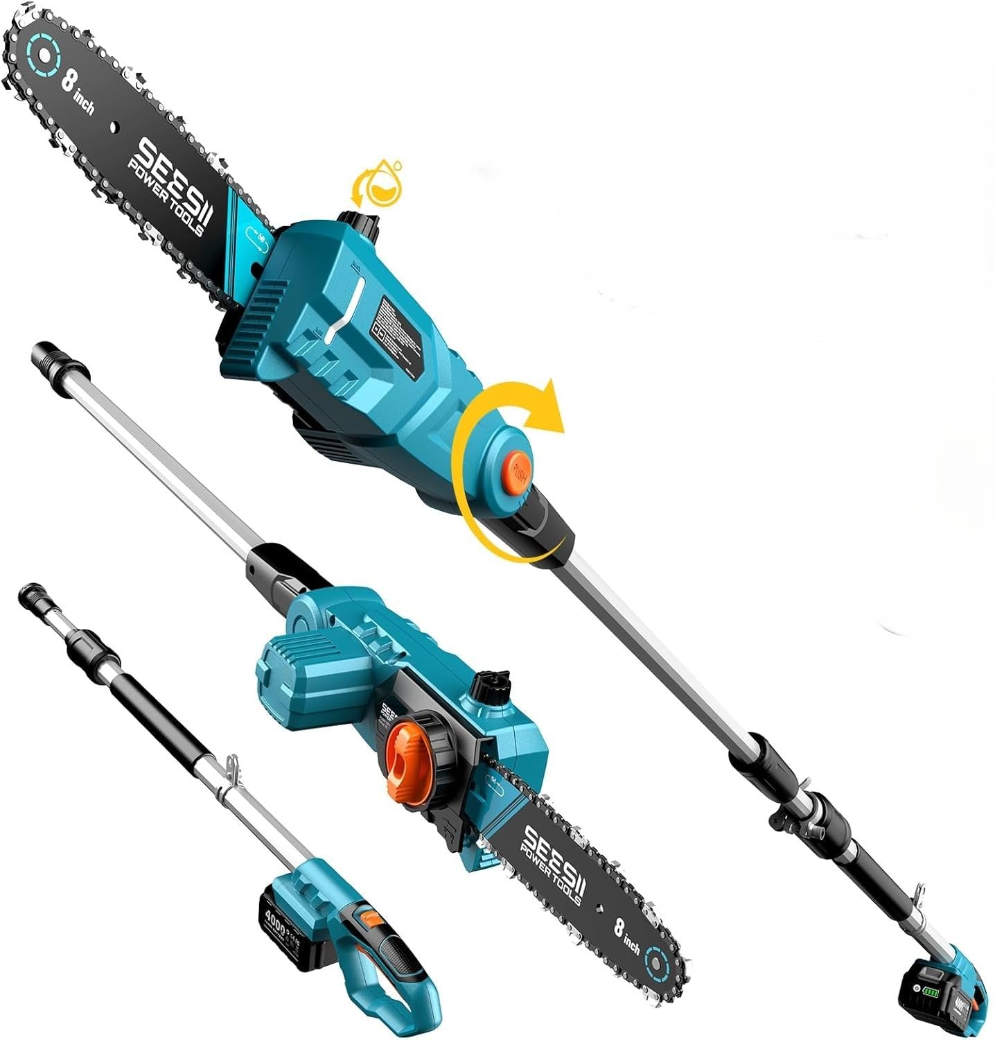 SEESII 8 Pulgadas Motosierra Telescopica con Pertiga, Podadora Eléctrica | Inalámbrica Motosierra 20V, Podadora de Árboles con 2x4000mAh Batería, Motosierra Ideal para la Poda de Ramas