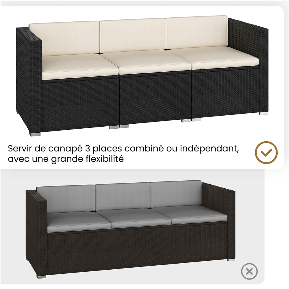 Yaheetech Salon de Jardin Exterieur 4 Personnes en Polyrotin Ensemble Mobilier de Jardin 5 Pièces avec 3 Canapé Modulables 1 Table Basse 1 Ottomane pour Balcon Bistro Patio Terrasse Noir/Beige