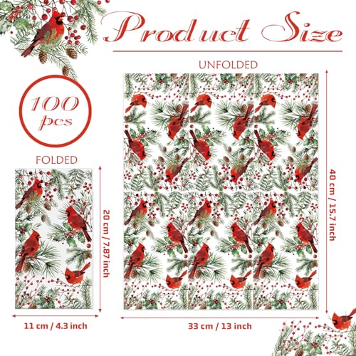 100 Christmas Guest Napkins Red Cardinal Disposable Paper Napkins Christmas Holly Cocktail Guest Hand Towel for Party Table Dinner Bathroom – Image 3
