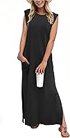 GRECERELLE 2026 Women's Wrinkle-Free Maxi Dress with Pockets, Loose Side Split Round Neck, Year-Round Casual Vacation Dress XXS-4XL
