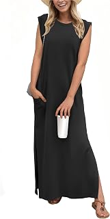 GRECERELLE 2026 Women's Wrinkle-Free Maxi Dress with Pockets, Loose Side Split Round Neck, Year-Round Casual Vacation Dress XXS-4XL