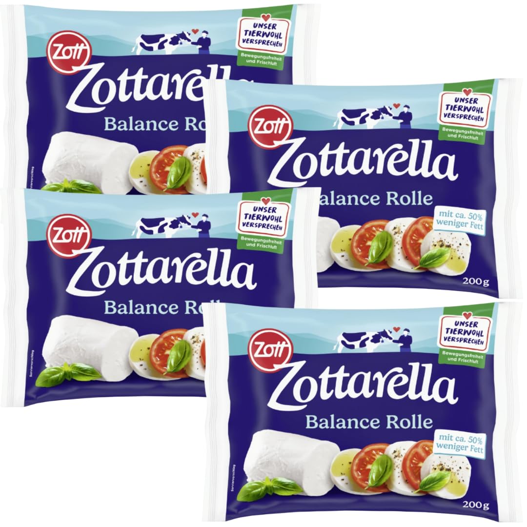 ZUOTT Mozzarella Rolle Balance, Classic, 200 g, 4er Pack, ideal für Salate & Pizza