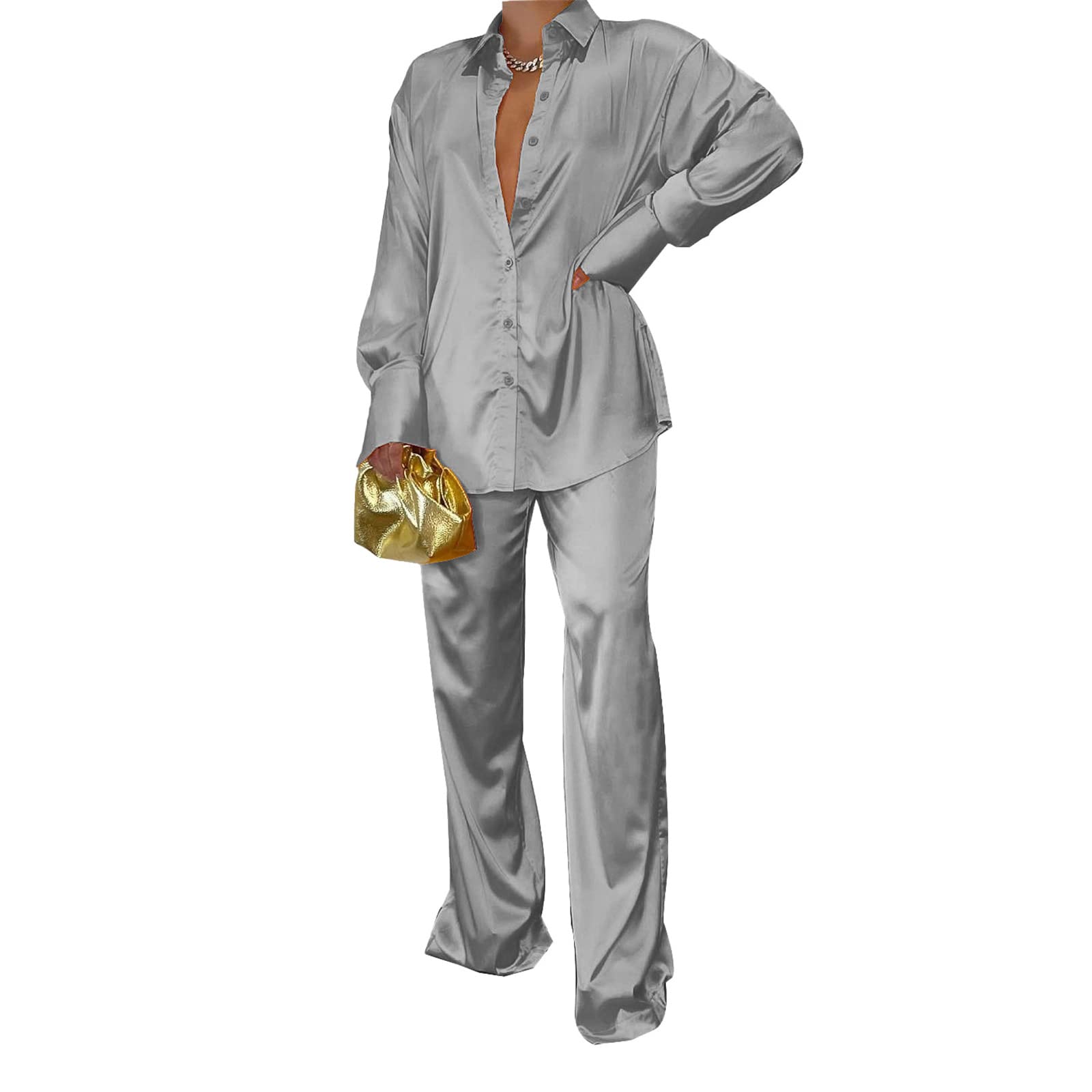 Completo Pigiama da Donna in Raso Effetto Seta (2 Pezzi): Camicia Oversize a Maniche Lunghe con Revers e Bottoni + Pantaloni a Gamba Larga – Abbigliamento da casa Morbido ed Elegante
