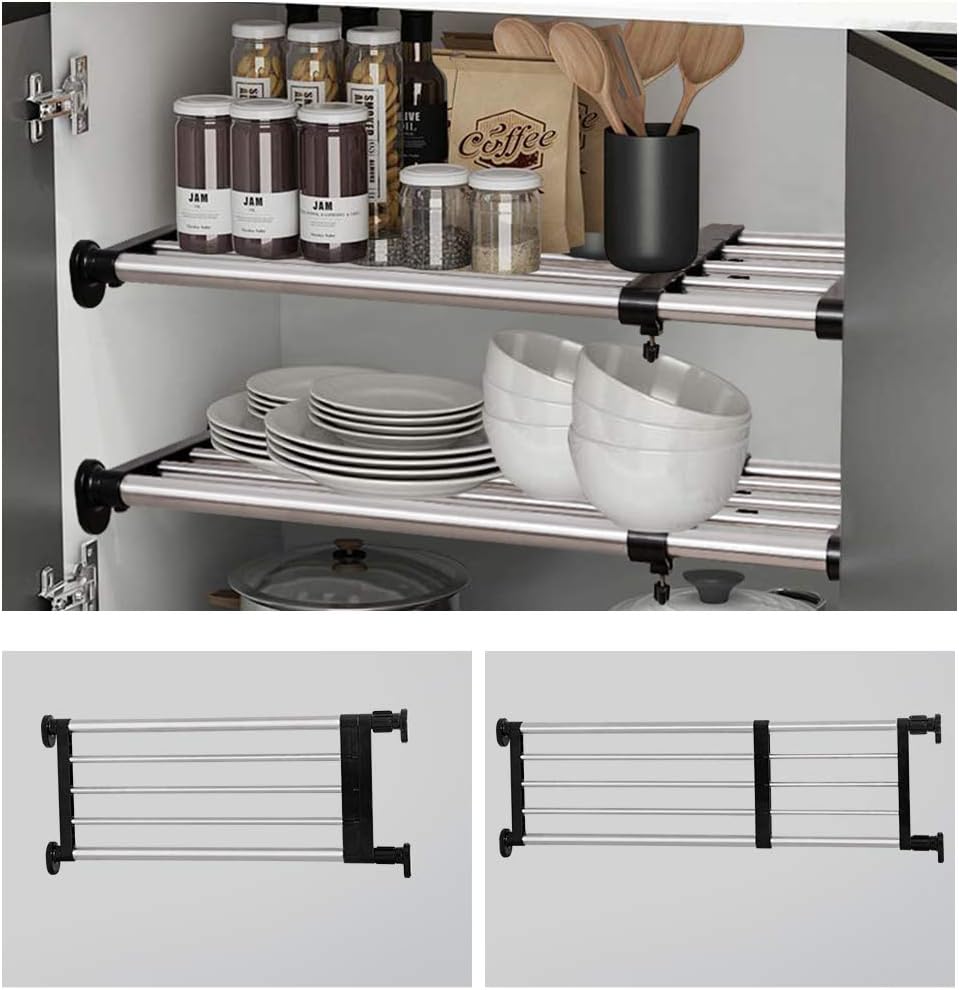 BAOYOUNI Expandable Closet Shelf Tension Rod Clothes Hanger Storage Rack Adjustable DIY Shelving Unit Cabinet Kitchen Bathroom Divider Separator Organizer, Black