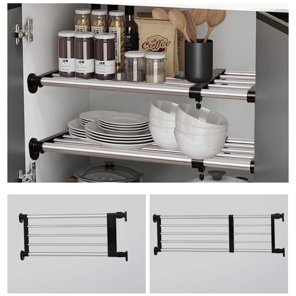 BAOYOUNI Étagère de Placard Telescopique en Métal Etagere de Rangement Réglable sans Perçage Organiseurs de Armoire Separateur Stockage Rack pour Cuisine, Salle de Bain, Chambre 60-100cm, Noir