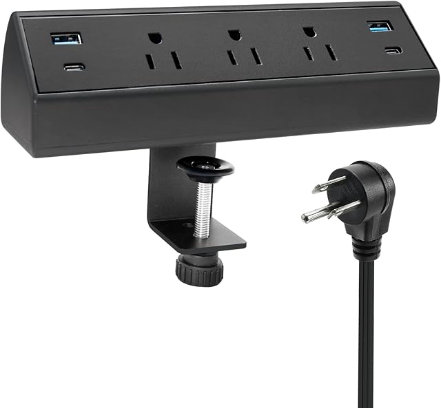 Desk Clamp Power Bar with PD USB C 40W Desktop Power Strip, 6.5ft Flat Plug Extension Cord, ETL/CSA Certified Edge Mount for Home Office, Hotel, Dorm