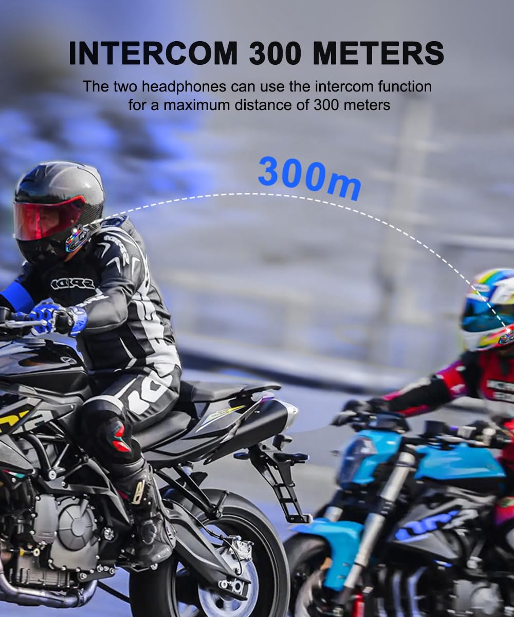 NXPGKEA Motorcycle Helmet Speakers, Waterproof Motorbike Helmet Intercom Communication System Bluetooth Headset Helmet Headphone Hi-Fi/IPX6 All Helmet 1000mAh 300m Music Sharing GPS with Soft Mic RGB