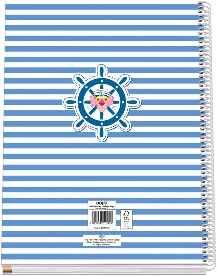 DOHE - A4 Squared Notebook – Spiral Binding, 100 Sheets of 90 g/m², 5 mm Square, Hardcover, Pink Panther Sailing, School Supplies