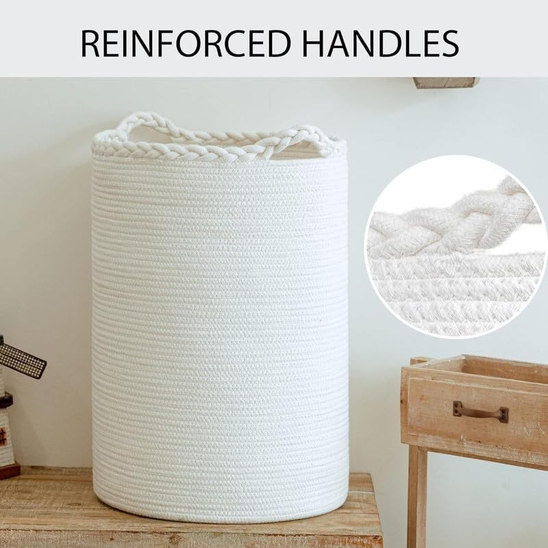 Image of Storage Rope Laundry Hamper Basket for Clothes, Towels and Blankets in Livingroom, Bedroom, Laundry Room and Basket for Nursery Storage (Size - 14 inch x 14 inch x 18 inch) (White Zig Zag)