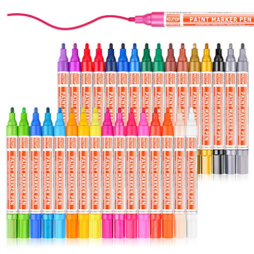 Paint Pens for Rocks, 32 Vibrant Colors Paint Markers Kit for Glass, Stone, Wood, Fabric, Metal, Ceramic, Rock & More, Medium Point, Oil Based Paint Marker, Quick-Dry, Great Back to School Gift Idea