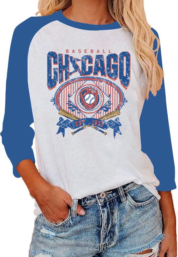 Baseball Shirt Women Baseball Season Graphic Tshirt Sports Team Fan Blouses Raglan Shirts 3/4 Sleeve Tops Blue