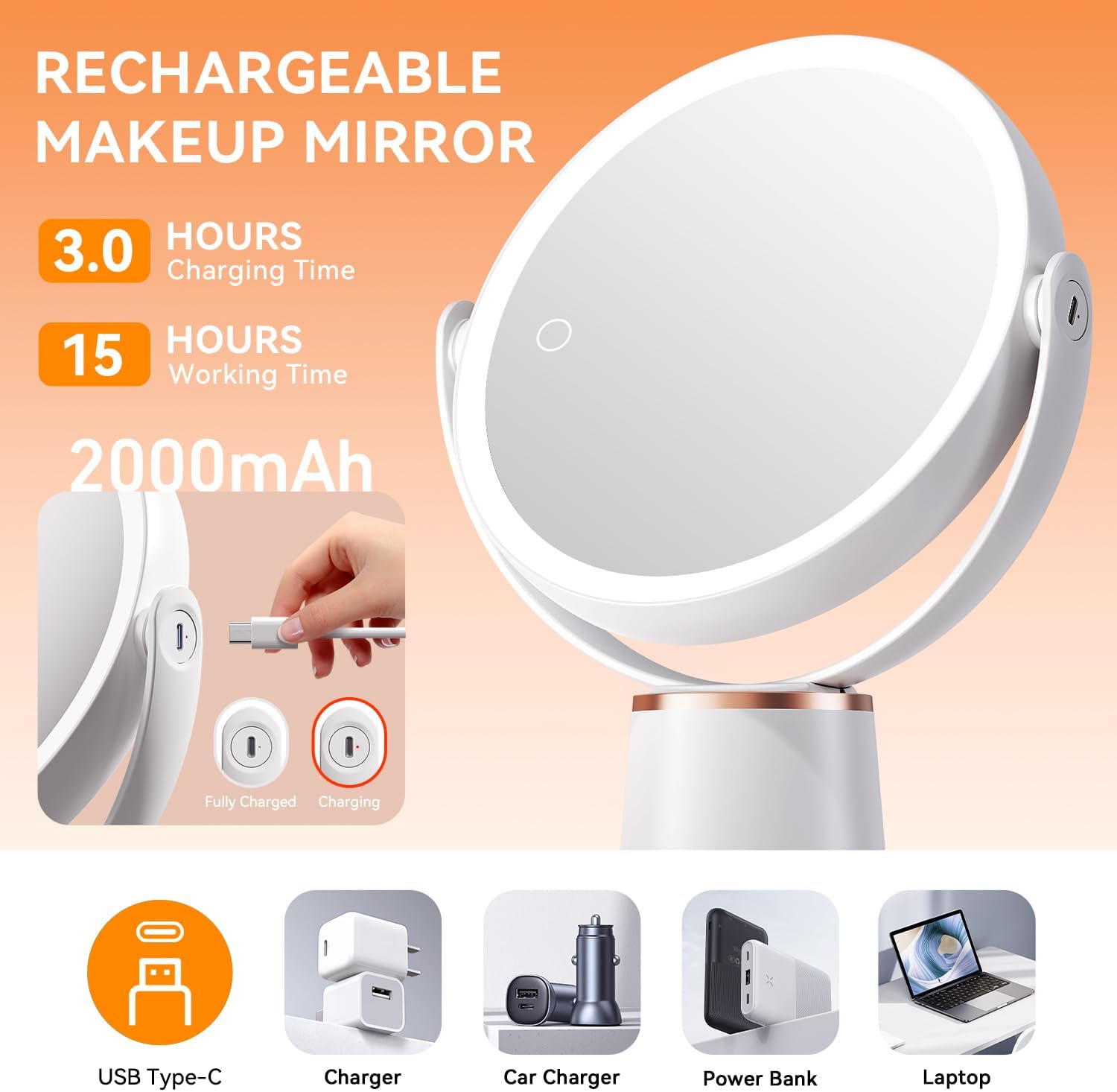 Auxmir Makeup Mirror showing USB-C charging port and charging indicators