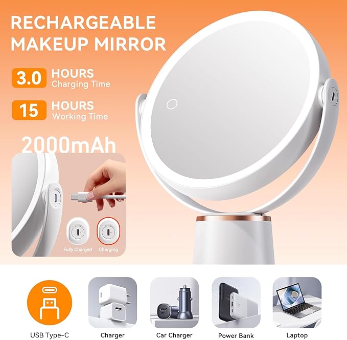 Espejo de maquillaje con luces, doble cara 30X/1X, recargable 2000 mAh miniatura 7