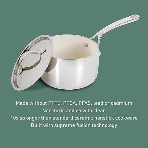 Miniatura 4 de Bloomhouse Sartén de acero inoxidable triple de 3 cuartos de galón con interior de cerámica profesional antiadherente no tóxico