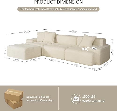 Miniatura 2 de Sofá modular modular en forma de L de 3 plazas con otomana móvil, tapicería de chenilla, estructura de espuma completa, sofá convertible sin hueso
