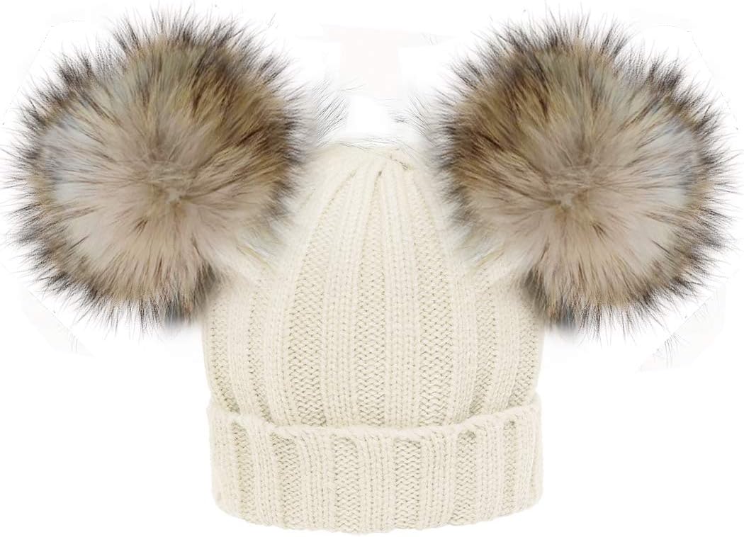 Baby Winter Faux Fur Beanie Hat Kids Knitted Double Pompom Ball Bobble Ski Cap