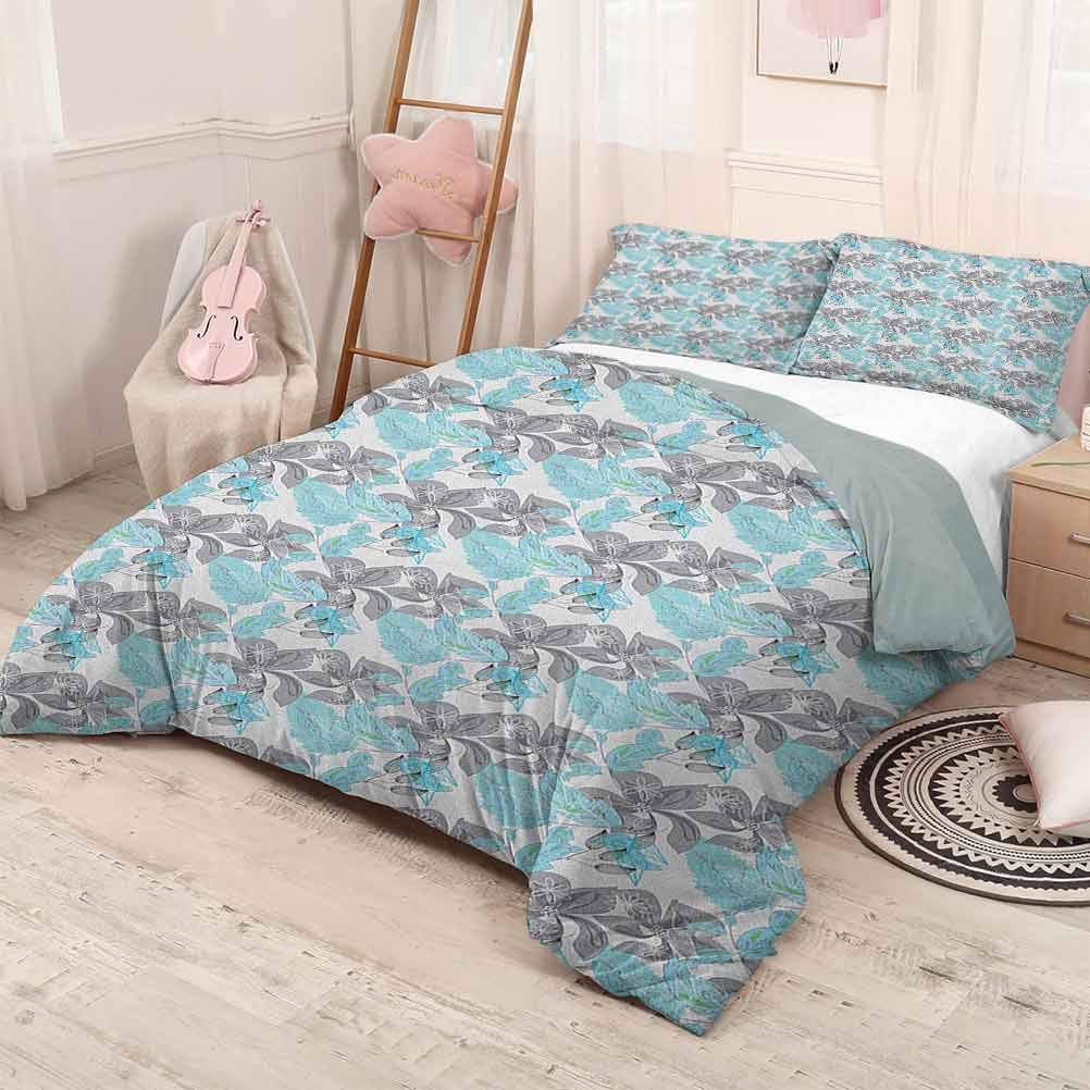 prunushome Floral 3 Piece Bedding SetsPattern of Petals Line Art Inspired Leaves Nostalgic Illustration Good Choice as a Gift Pale Blue Pale Grey White 80x90in/20x30inx2