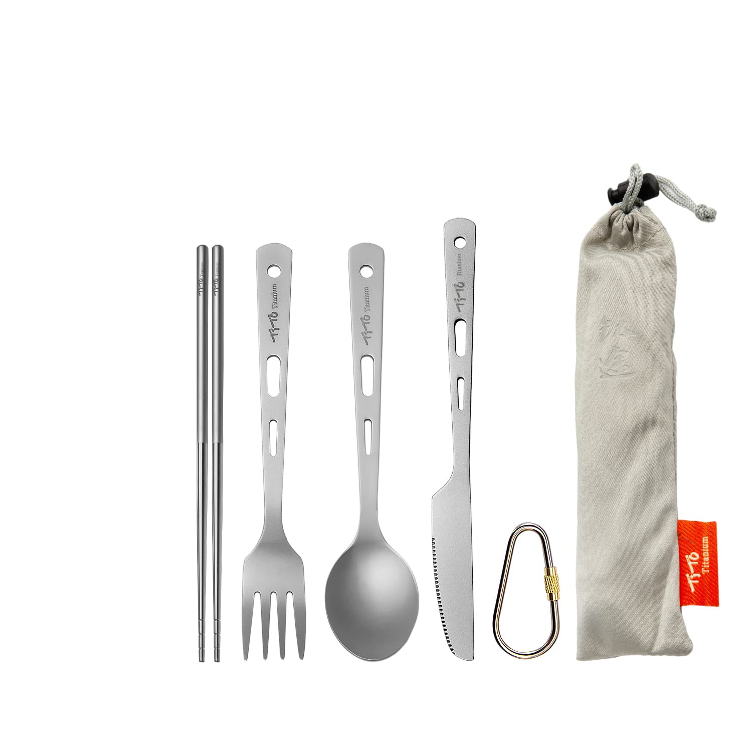 TiTo Titanium Cutlery Set Spoon Spork Knife Chopsticks Portable Lightweight Outdoor Flatware Extra Strong 3/4/5 Piece Straw for Home Use/Travel/Camping/Picnic/Hiking Tableware (4-Piece Cutlery Set)