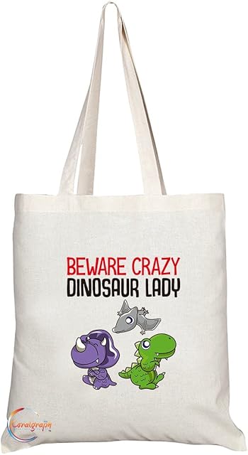 TB279 Beware Crazy Dinosaur Lady Novelty Present Gift Printed Eco-Friendly Stylish Long Handled Tote Shoulder Bag