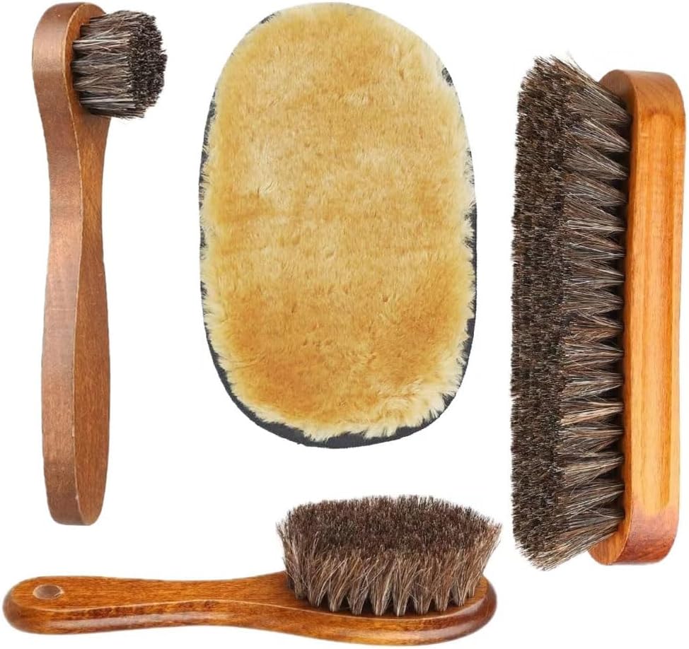 Meadery Shoe Brush Set - Horse Hair for Shine Polish Buff 3 Pieces Dauber Applicator Brushes + 1 Pc Shoes Cloth Glove Brown 20.5 x 16x 6 cm