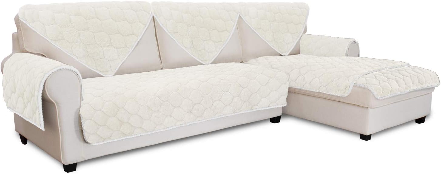 Easy-Going Super Soft Plush Couch Cover, Anti-Slip Sectional Couch Cover, Quilted L Shape Sofa Cover, Thicken Sofa Slipcover for Kids Dogs Pets 28x28 inch- Ivory (Sold by Piece/Not All Set)