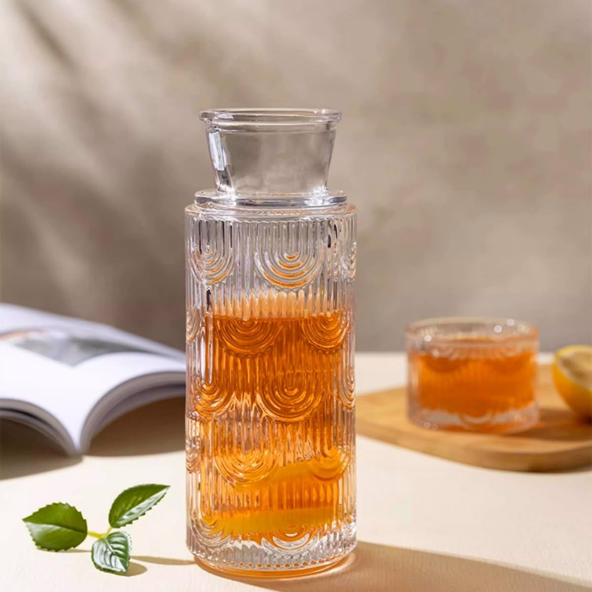 Carafe à Eau de Chevet et Tasse en Verre,Bouteille De Bain ee Bouche en Verre Transparent Pour thé Glacé, Boissons Pour Chambre à Coucher, Table de Chevet, Cuisine, 630Ml,2 Pièces (Clair)