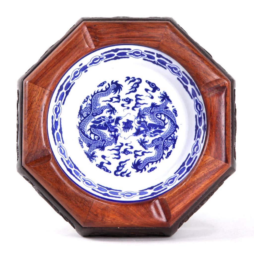 Solid wood, ceramic liner ashtray office living room Chinese personality retro solid wood trend multi-function porcelain basin ebony ashtray Chinese Restaurant (Size : S)