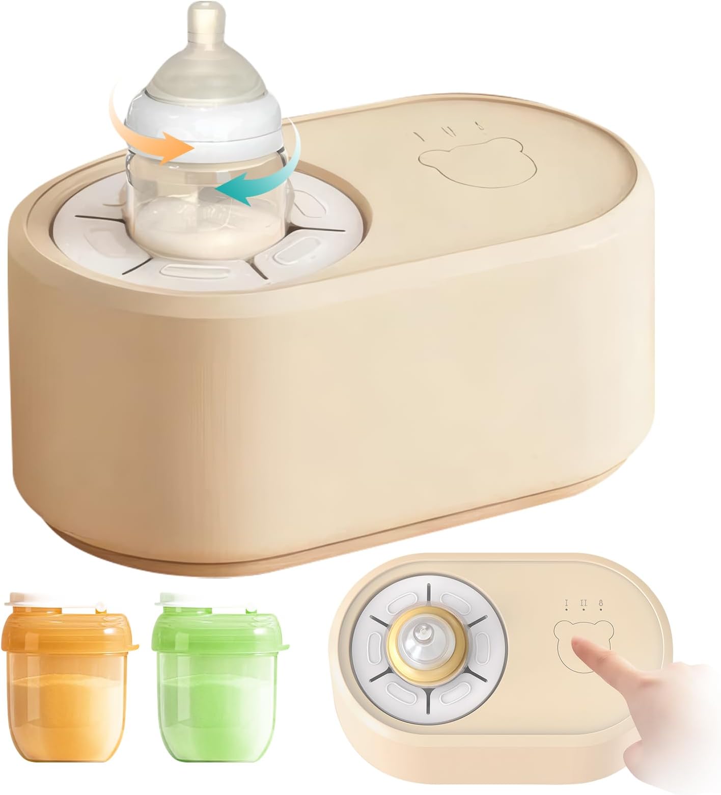 2-In-1 Baby Bottle Warmer & Formula Mixer with 2pcs Baby Formula Dispensers, Electric Bottle Shaker with Constant Temperature & Automatic Mixing, Multifunctional Baby Milk Powder Mixer (Khaki)