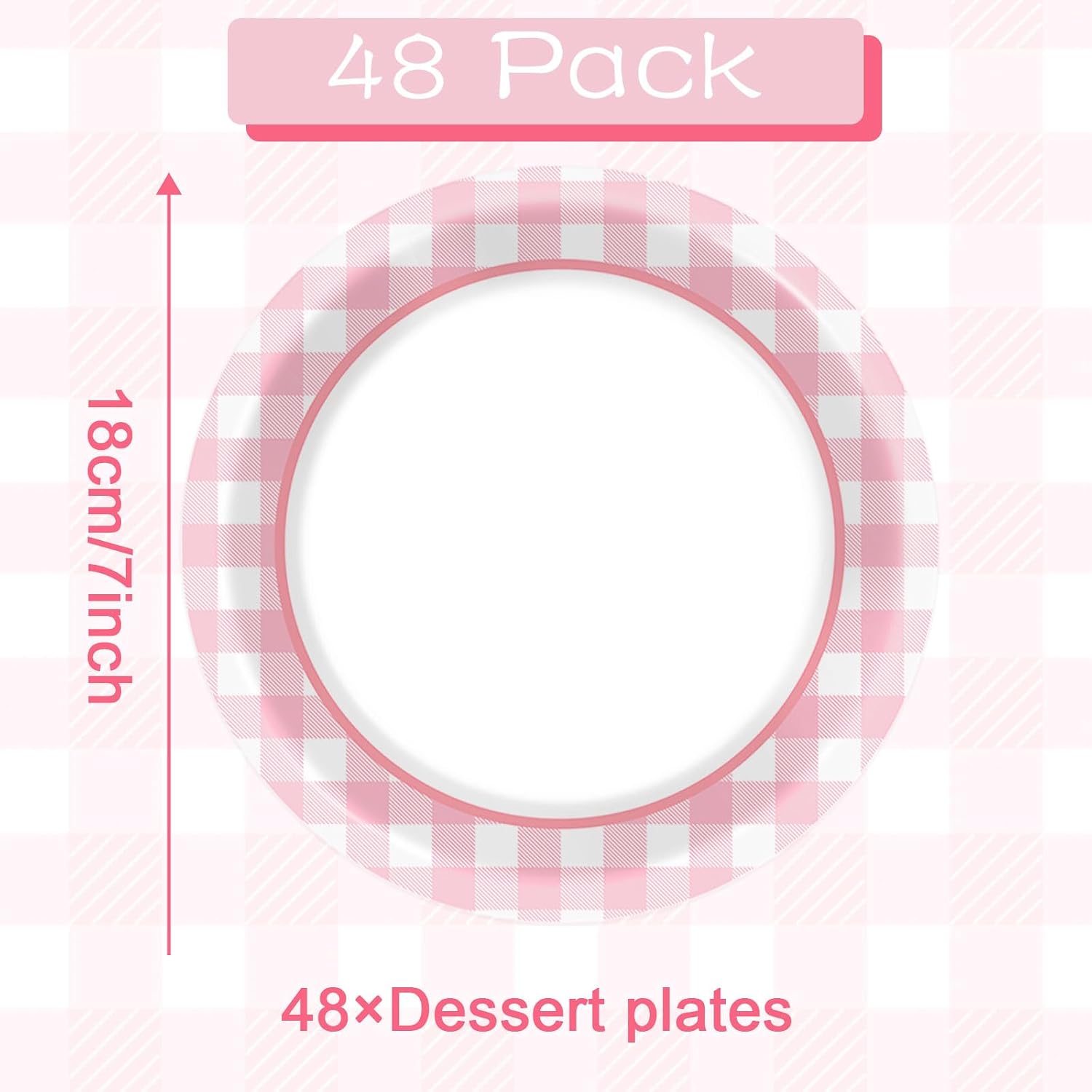 ZOIIWA 48 Pcs pink plaid plates Pink And White Checkered Party Decorations Pink checkered Camp Dessert Plates Plaid Disposable Supplies for Birthday Family Dinner Barbecue Outdoor