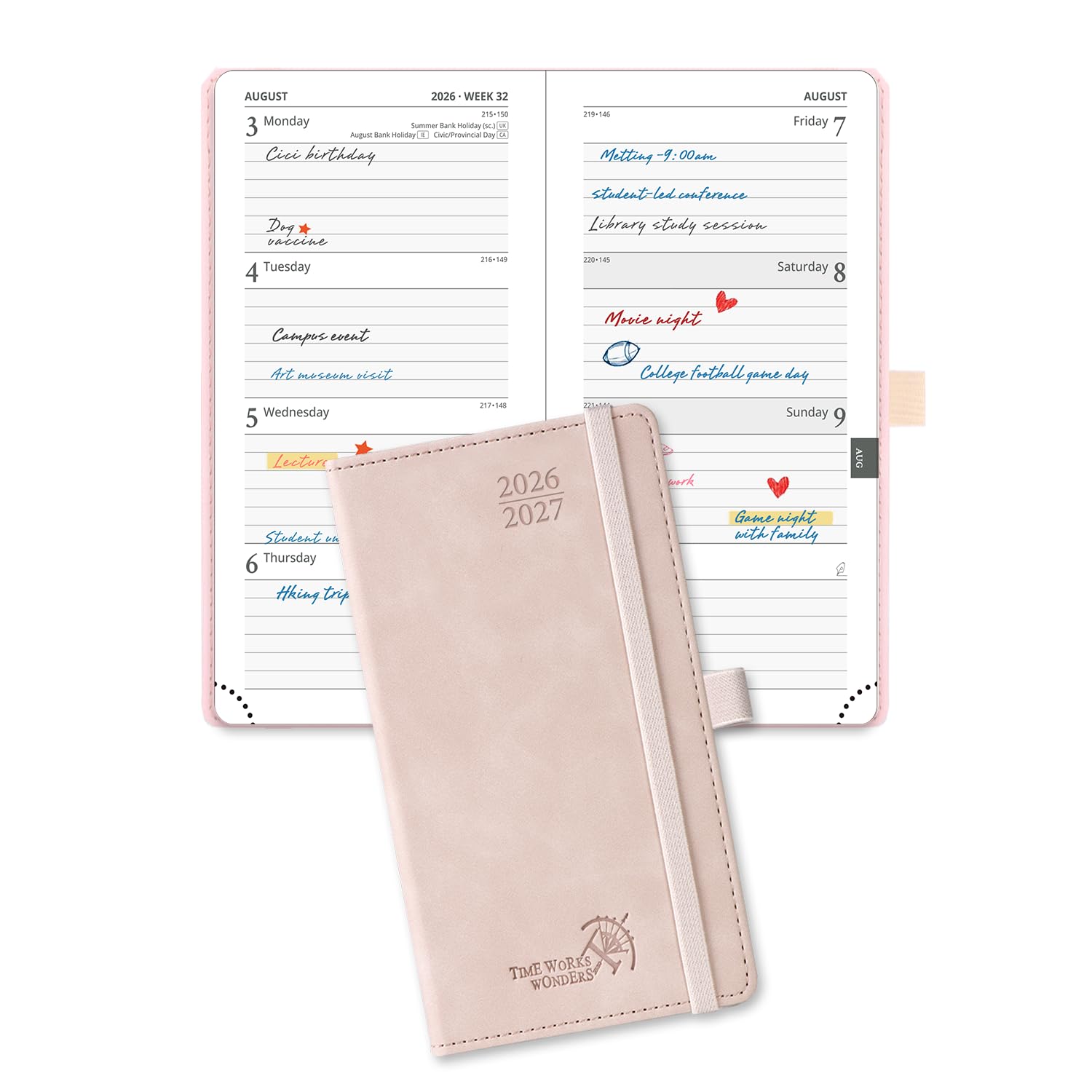 POPRUN 2026-2027 Academic Pocket Diary Week to View Slim (16.5x9 cm) 17 Months (Aug'26 - Dec'27) Small Hard Cover 26/27 Mid Year Weekly Planner for Bag(Soft Pink)
