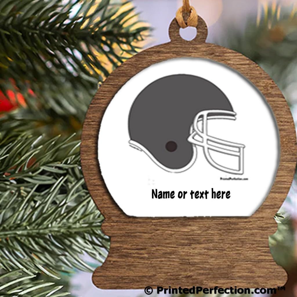 PrintedPerfection.com Personalized Football Helmet - Grey Wooden Snow Globe Shaped Christmas Ornament