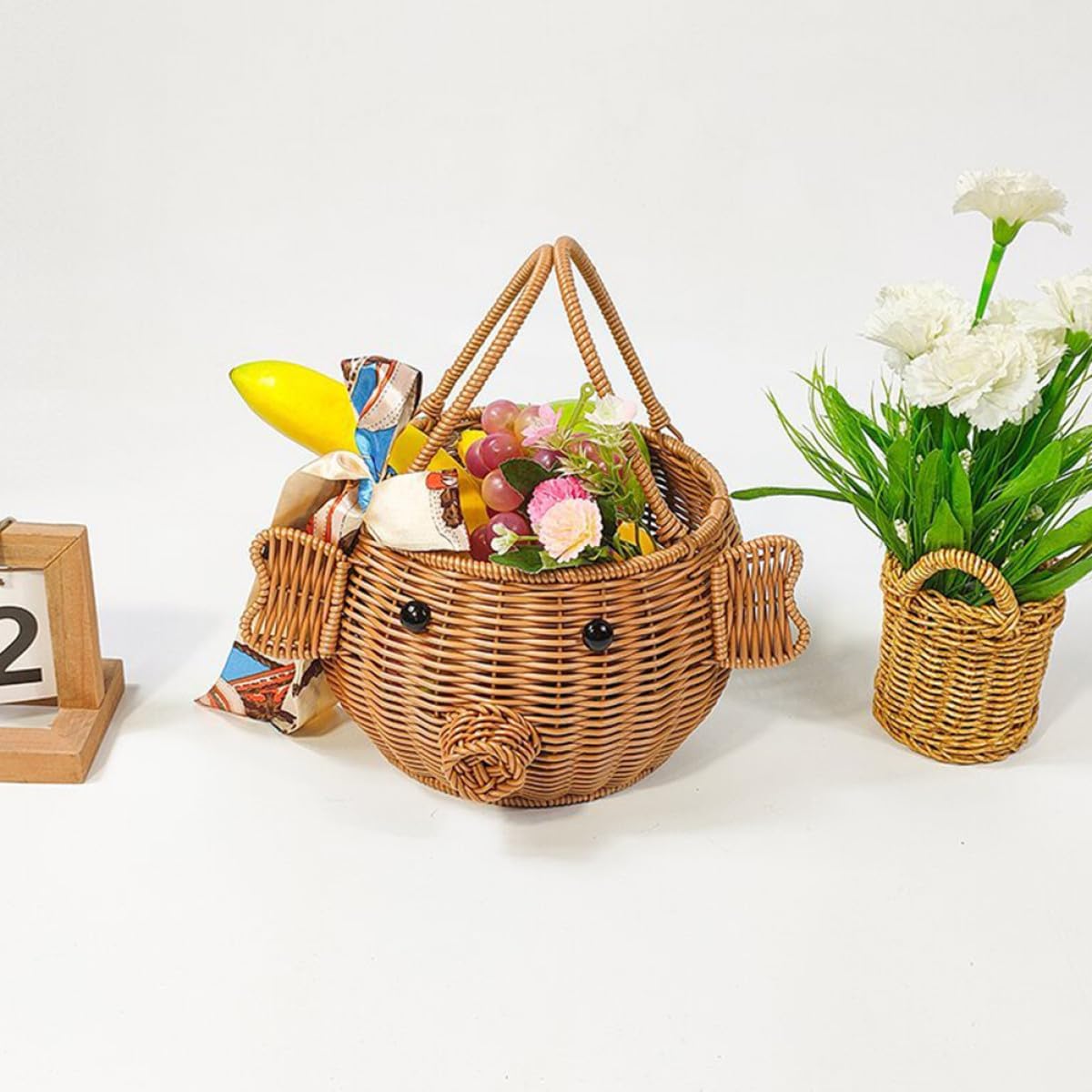 Cartoon Pig Woven Storage Basket with Handle for Home Organization image 5