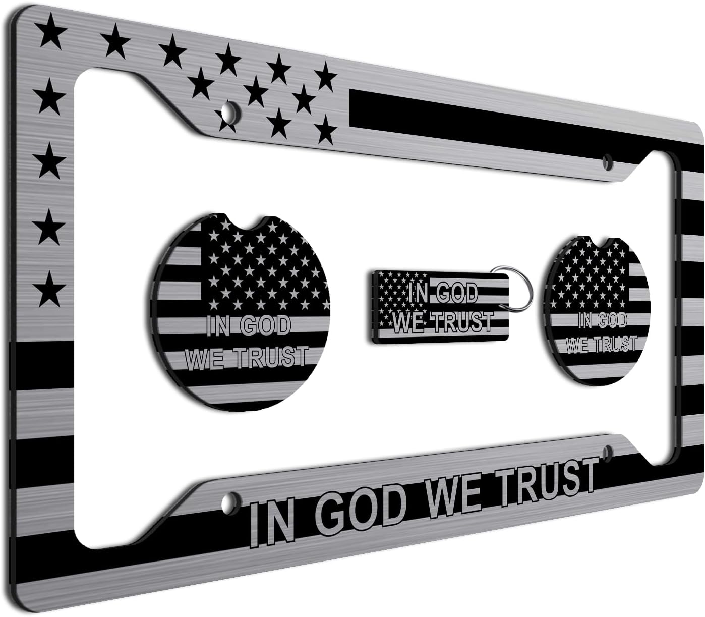 American Flag in God We Trust License Plate Frame and Keychain + Coaters Perfect for Anyone who Loves God and Country! Tactical Patriot Brush License Plate Frame Made in The USA