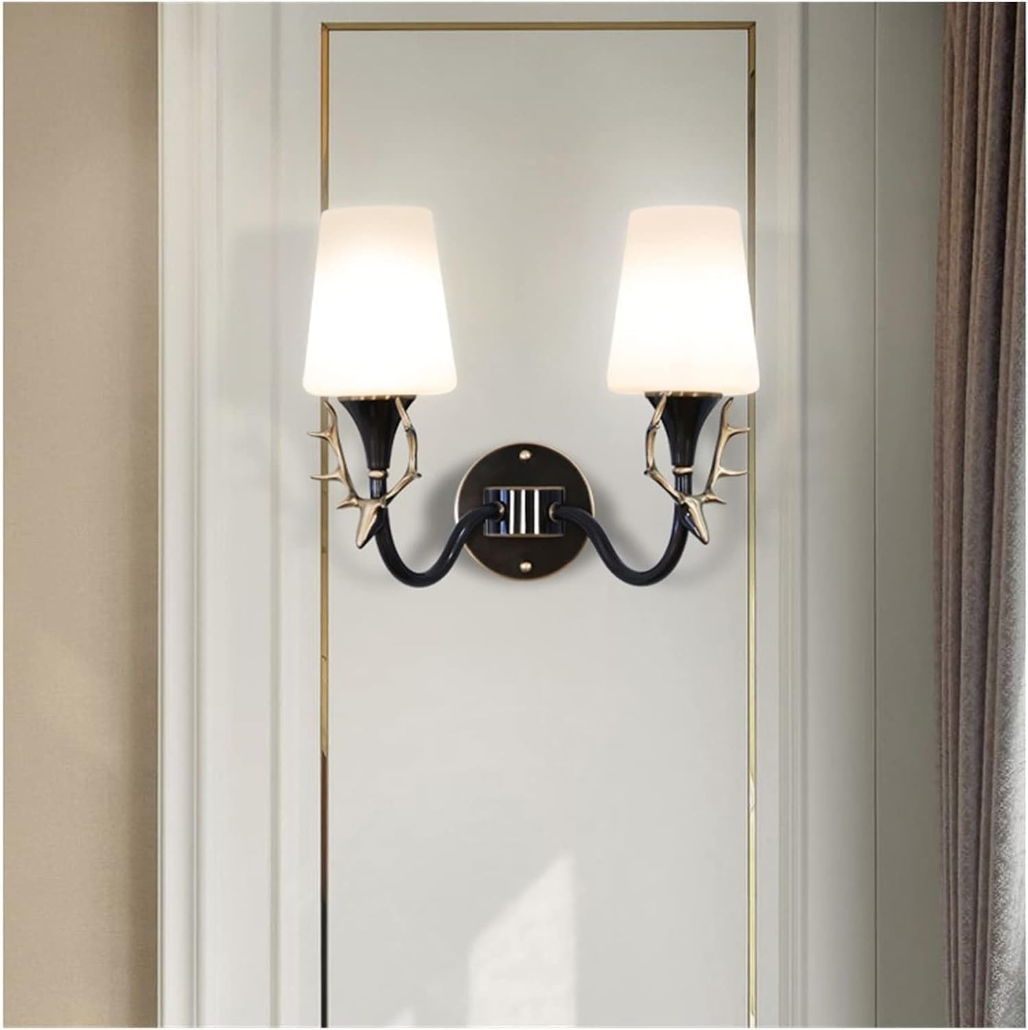 CWCQGH Wall Sconces Copper Antler Lamp Bedroom Simple Bedside Living Room Aisle Bathroom Mirror Front,Black-2light