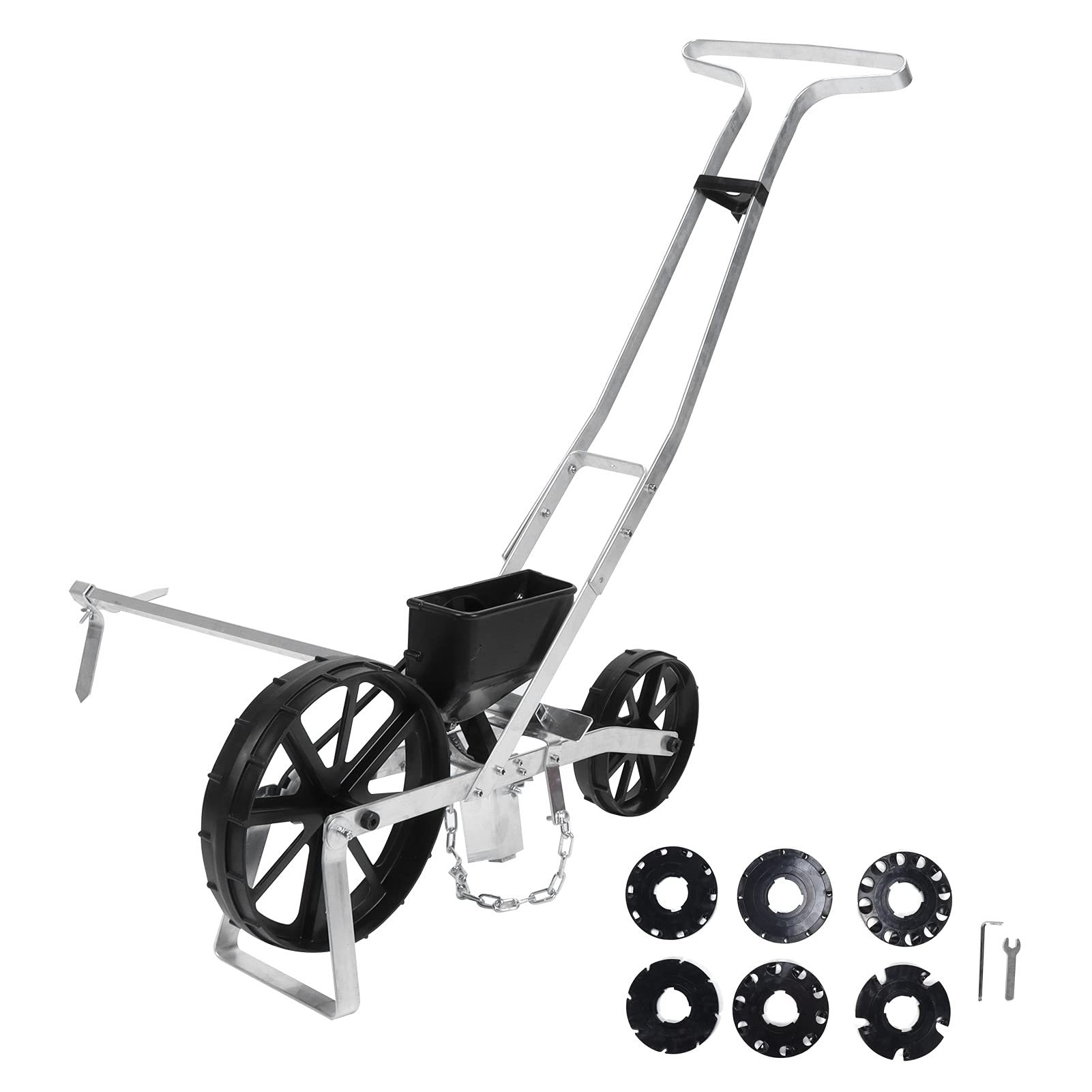 Generic Siewnik Ogrodowy Regulowana Sadzarka Rzędowa Trwały Ręczny Siewnik Pchany do Ogrodów Warzywnych Aluminium 95x80x18cm