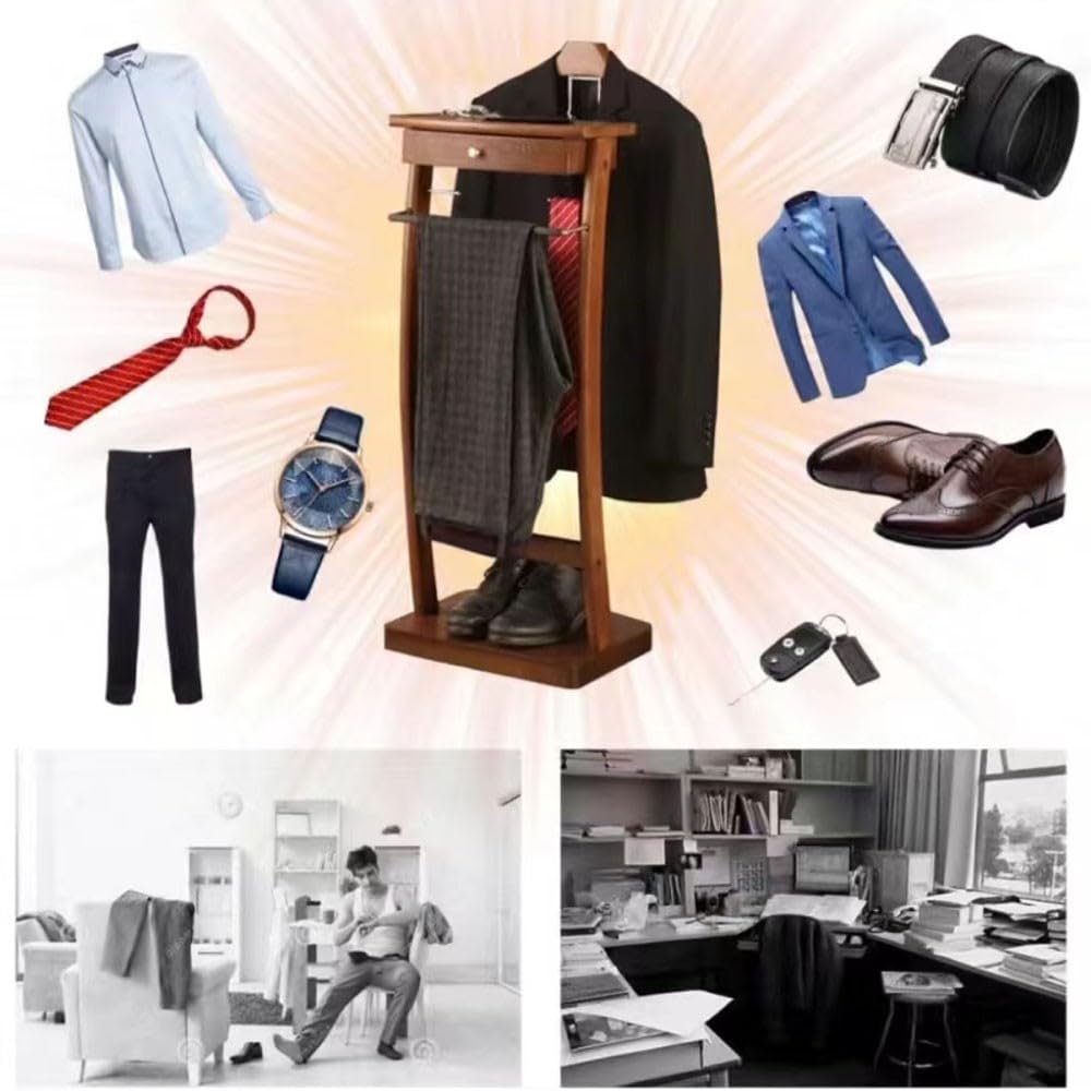 Generico Servomuto Indipendente con Base Stabile, servomuto per Uomo, Appendiabiti in Legno, servomuto con portacravatte, servomuto con Staffa per Pantaloni, per Soggiorno, Ufficio, Camera da Letto
