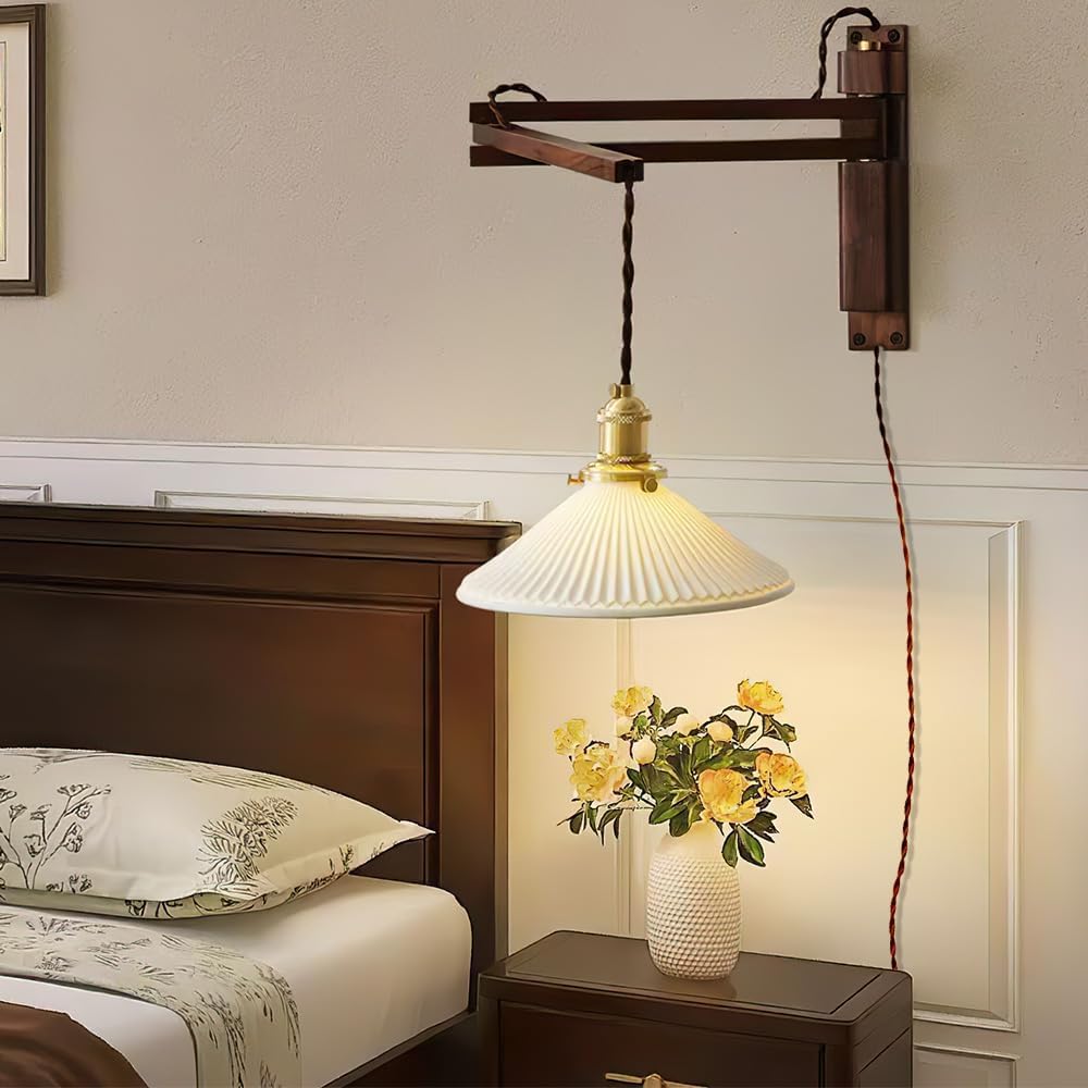 Walnut Plug in Wall Sconces,Vintage Japanese Swing Arm Wall Lamp Ceramic Shade Brass Socket for Bedroom Nightstand Bedside Reading,Bulb Included