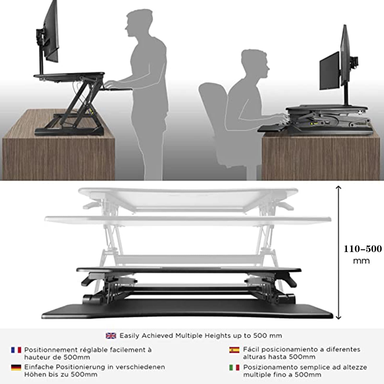 Convertisseur de Bureau, Convertisseur de Bureau Assis-Debout Double écran Noir 31,4 Pouces Hauteur réglable 5, à 20