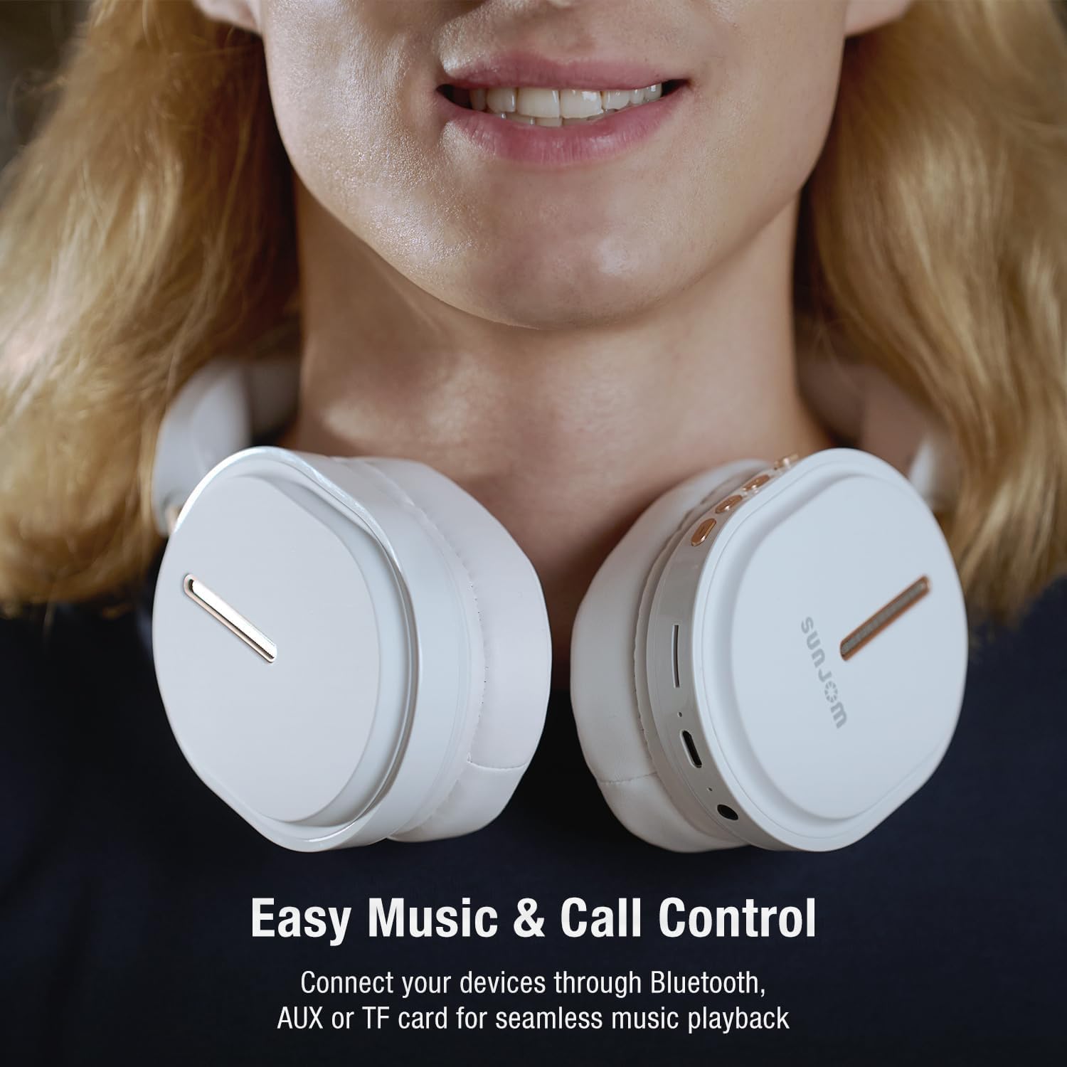 Person wearing white SUNJOM Inspire headphones, text says 'Easy Music & Call Control'
