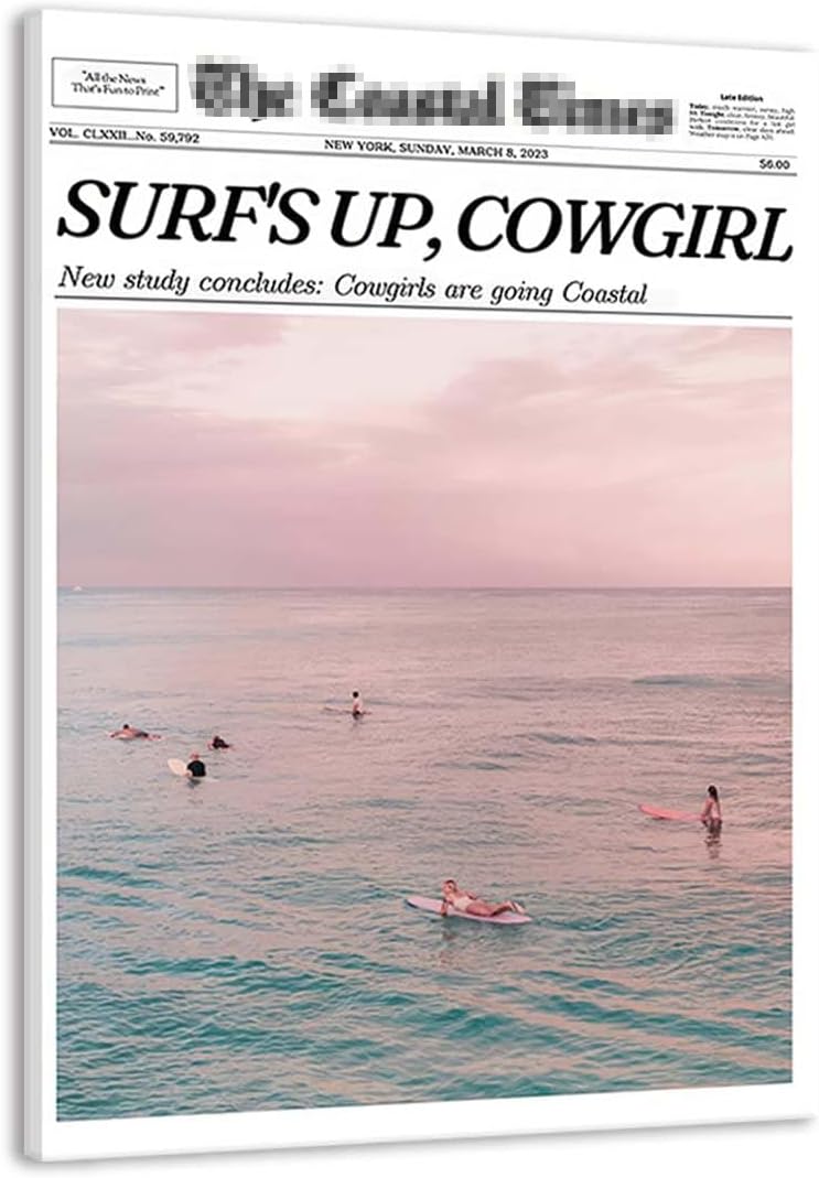 Trendy Coastal Cowgirl Canvas framed Wall Art Beach Surf Posters Prints Preppy Aesthetic Painting Girl Room Decor Pictures for Dorm Apartment 16x24in Coastal-2 16x24in Canvas
