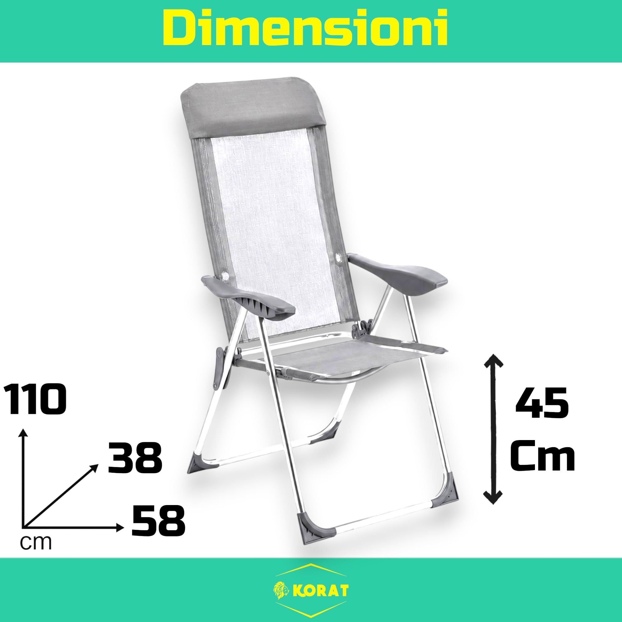 KORAT - Sedia Mare Pieghevole in Textilene con Poggiatesta, Struttura in Alluminio e Braccioli Ergonomici, per Spiaggia Campeggio Giardino, 58x38x110 cm - Spiaggina - Grigio