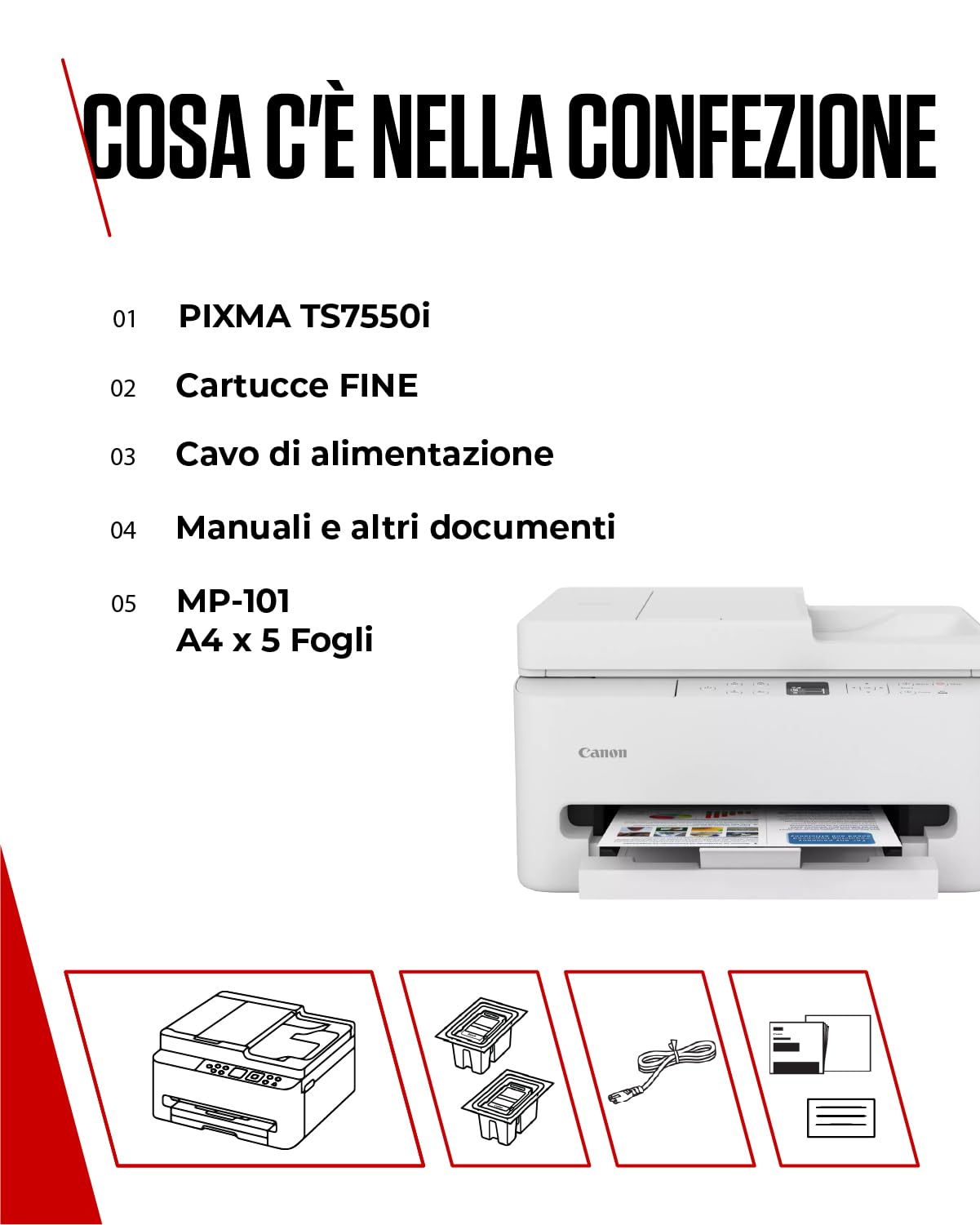 Canon PIXMA TS7550I Stampante Multifunzione Wi-Fi Alimentatore Automatico 35 fogli PIXMA Print Plan Carta Fotografica A4 MP-101 5 Fogli
