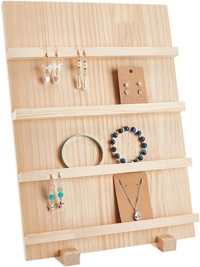 PH PandaHallPandaHall 4-Tier Wooden Earring Stand, Jewellery Display with Card Holder, Pine Wood, Ideal for Retail & Home Decor