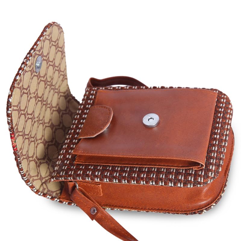 Image of Eco-Friendly Jute Ethnic Side Sling Bag /Cross Body Bag For Women /Girls With Front Mobile Pocket. Flop Closure With Adjustable Shoulder Strap-SLMB01