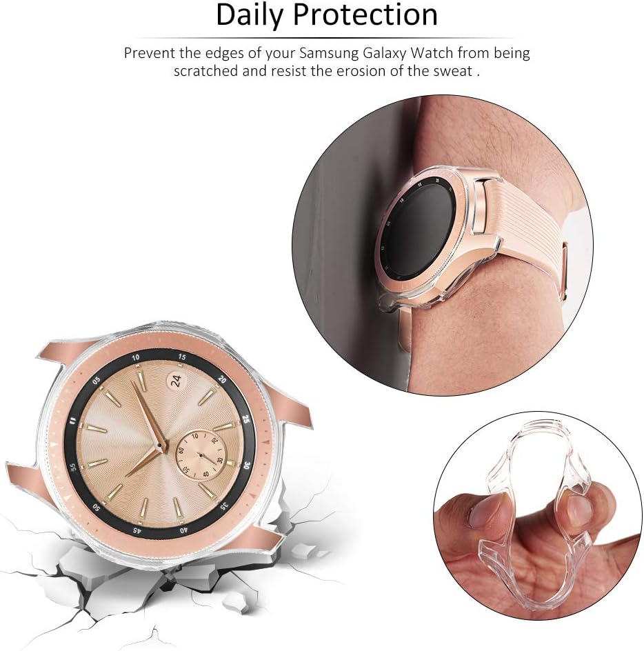 Goton Compatible Samsung Galaxy Watch 42mm Case 2018 ( for SM-R815 and SM-R810 ) , (2 Packs) Soft TPU Smart Shockproof Case Cover Bumper Protector (Clear and Silver, 42mm)