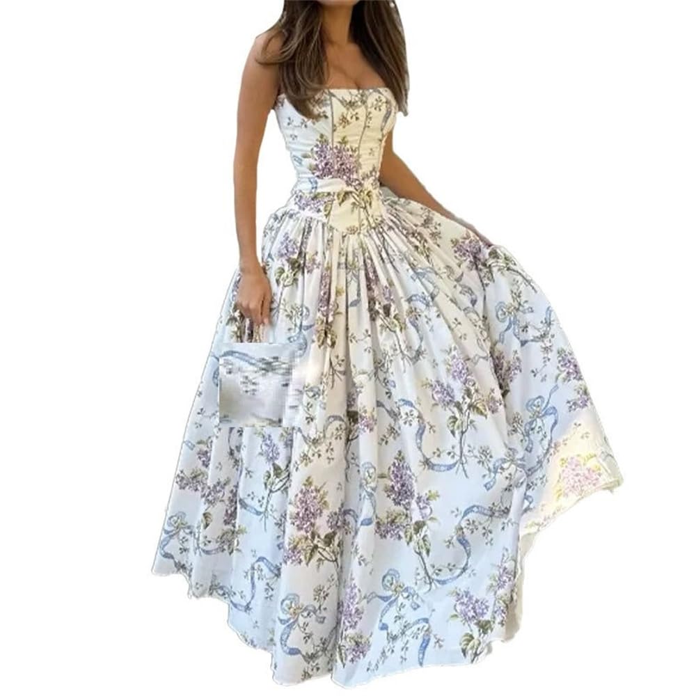 YGJKLIS Women's Sleeveless Backless Print Ruffle Spaghetti Strap Dress Wedding Guest Floral Cocktail Party A Line Dresses (White,L)