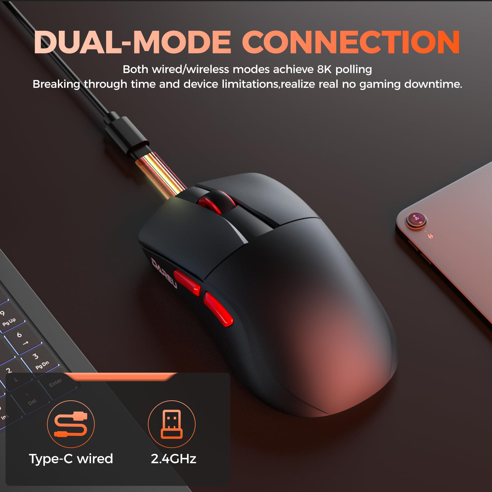 DAREU A950 Wing 35g Ultralekka bezprzewodowa mysz do gier, podwójna częstotliwość odpytywania 8K, sensor optyczny AIM-750U, 30 tys. DPI, przełączniki 100 mln kliknięć, symetryczna, 5 programowalnych p