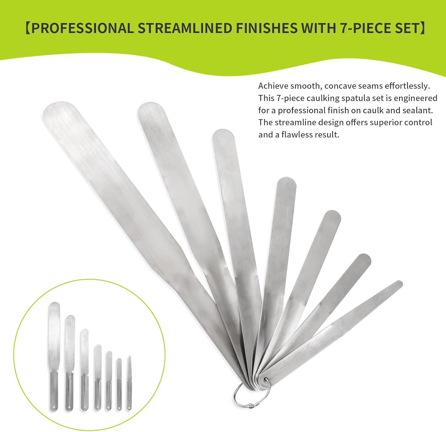 7-Piece Caulking Spatula Set, Stainless Steel Caulking Tool Kit with Comfort Grip for Bathroom, Kitchen Tile & Silicone Sealing (3/8" to 1-1/2")